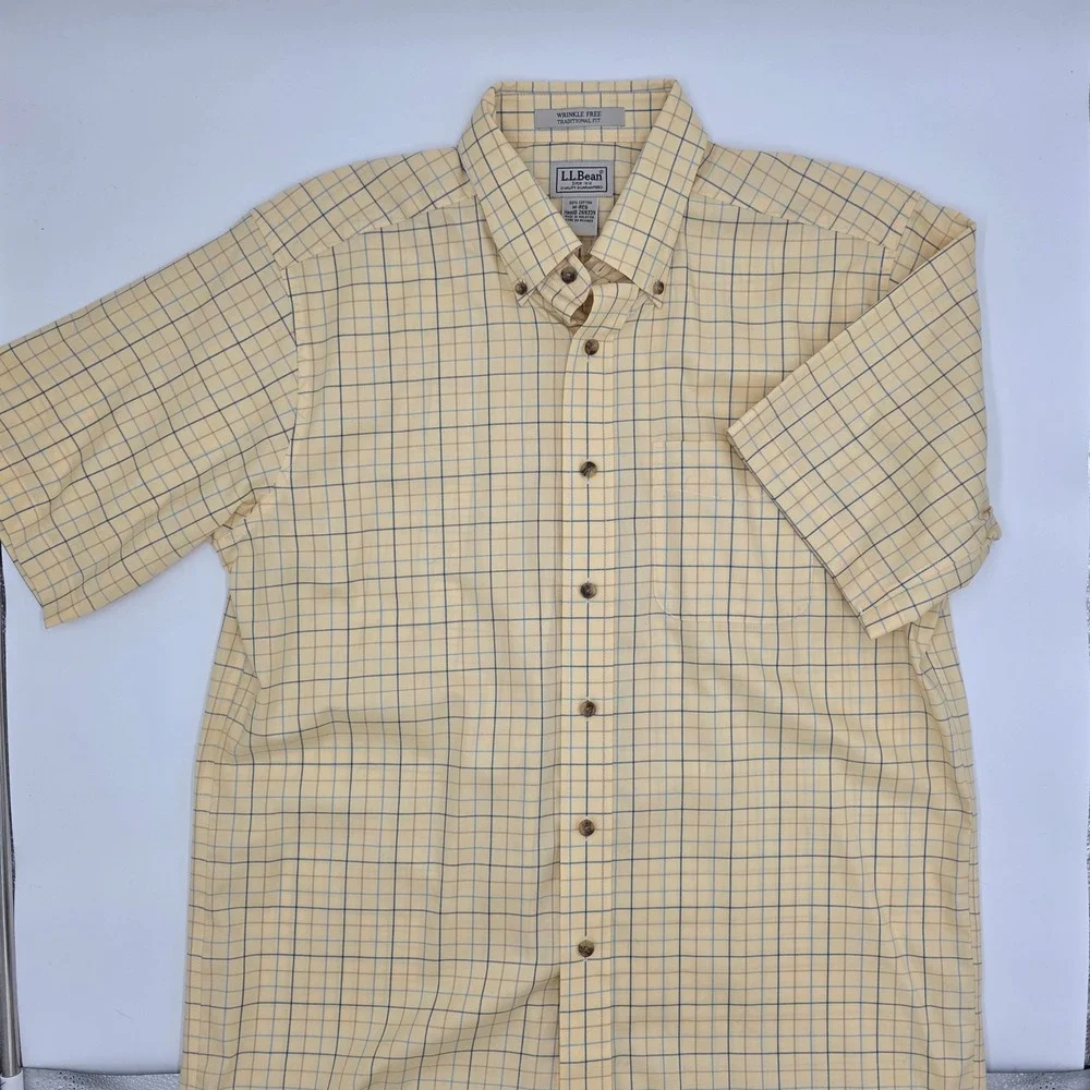 LL Bean Mens Yellow Blue Plaid Short Sleeve Button Down Shirt M Wrinkle Free